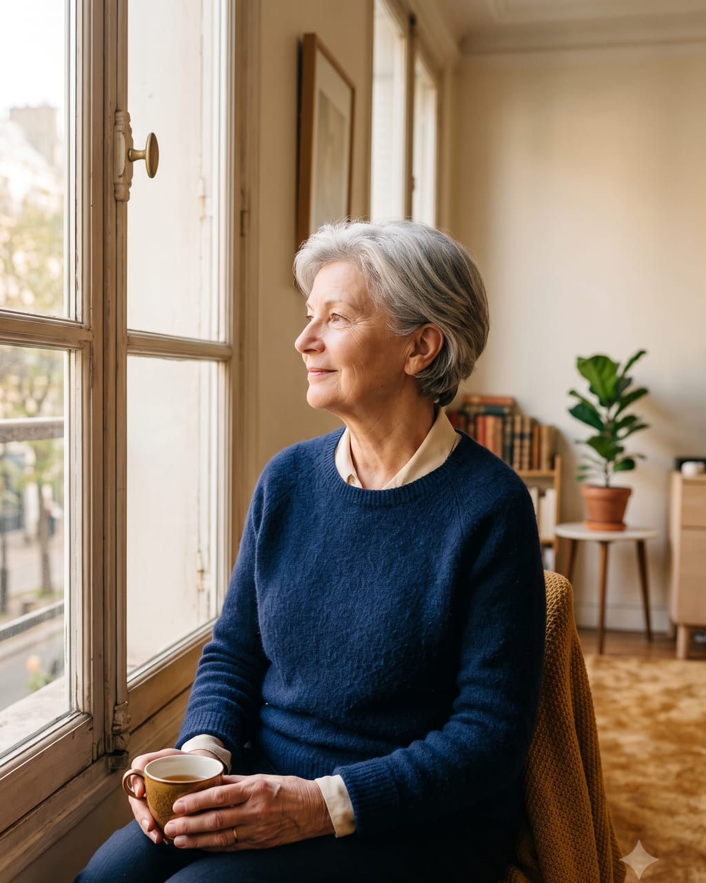 Femme âgée sereine, une tasse à la main, dans son appartement lumineux.
