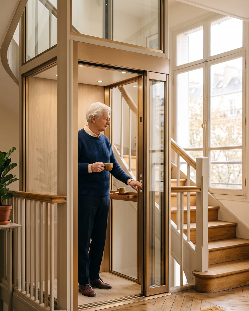 Homme âgé entrant sereinement dans son ascenseur privatif, dans une maison lumineuse.