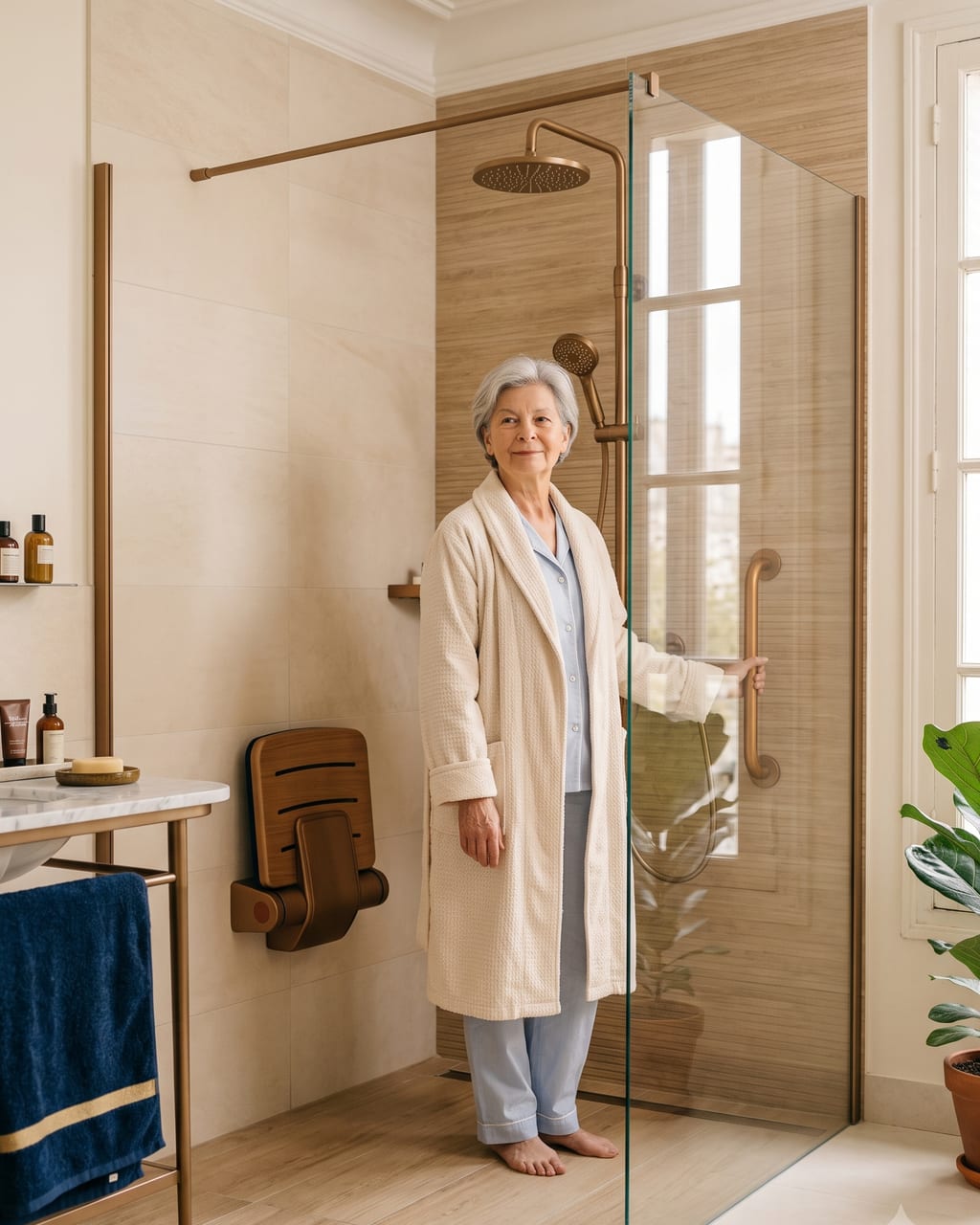 Femme âgée debout à l’entrée d’une douche à l’italienne de plain-pied, sécurisée.
