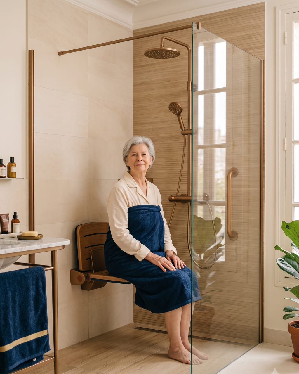 Femme âgée assise sur le siège d’une douche sénior sécurisée.
