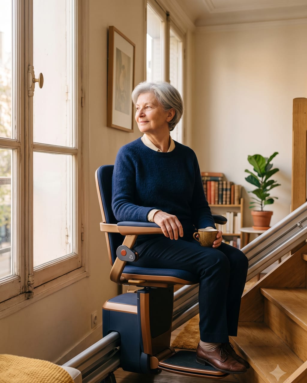 Femme âgée assise sur un monte-escalier moderne dans l’escalier de son appartement.